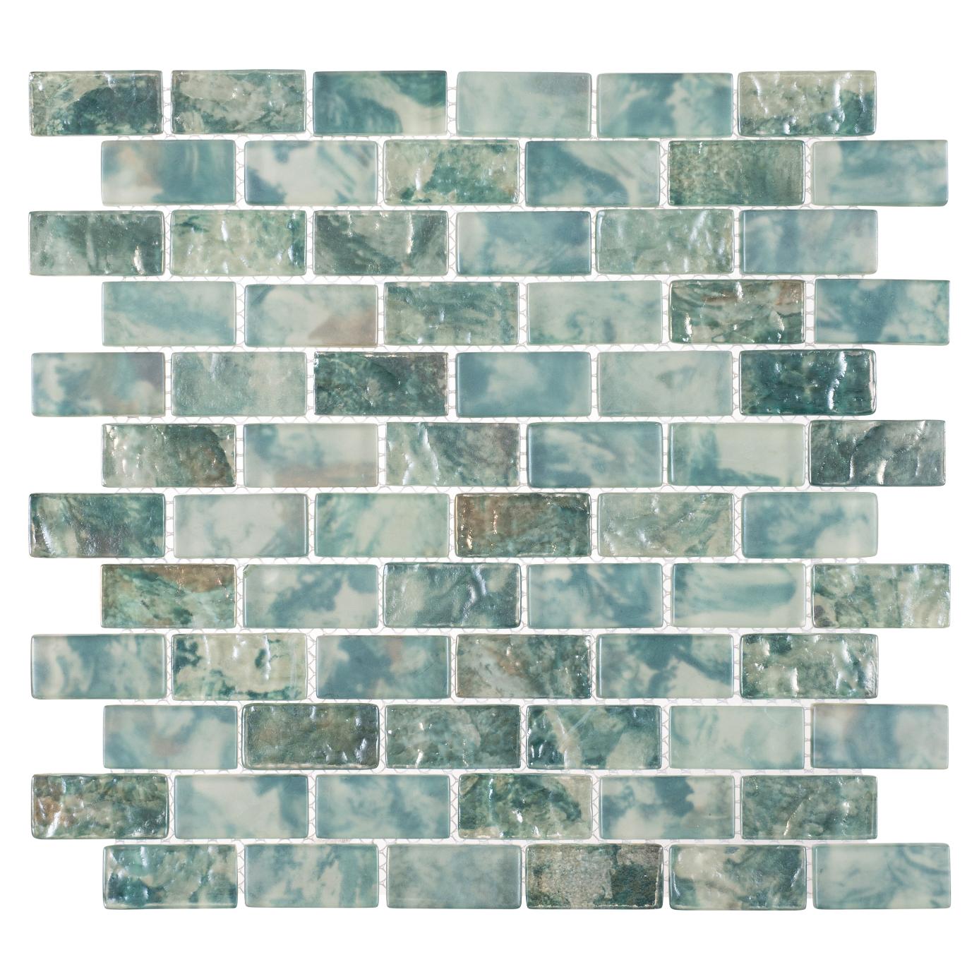 Zalo Celest Blue 1-in. x 2-in. Brick Joint Vintage Polished Glass Mosaic Wall and Floor Tile