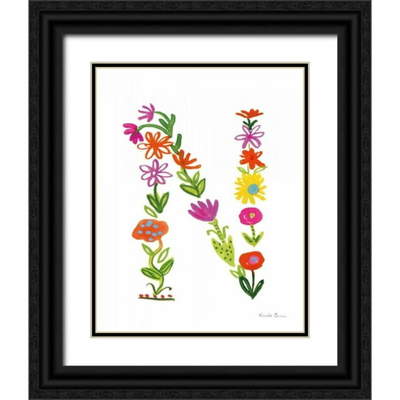 Zaman, Farida 12x14 Black Ornate Wood Framed with Double Matting Museum Art Print Titled - Floral Alphabet Letter XIV