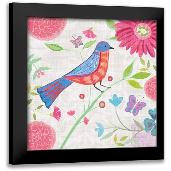 Zaman, Farida 20x20 Black Modern Framed Museum Art Print Titled - Damask Floral and Bird II v2
