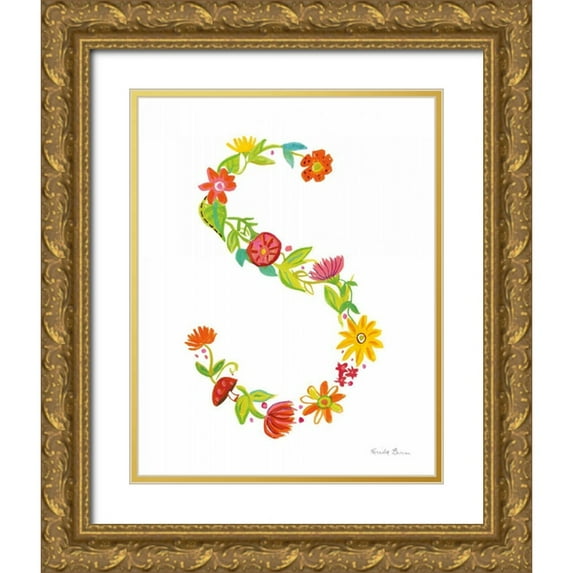 Zaman, Farida 26x32 Gold Ornate Wood Framed with Double Matting Museum Art Print Titled - Floral Alphabet Letter XIX