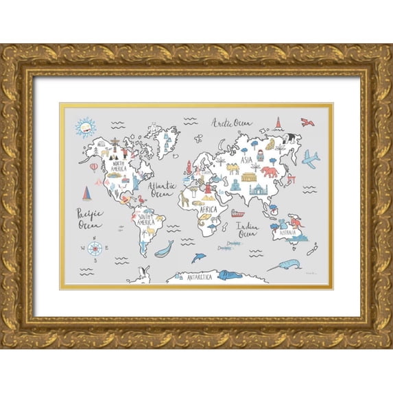 Zaman, Farida 32x23 Gold Ornate Wood Framed with Double Matting Museum Art Print Titled - World Map Pastel