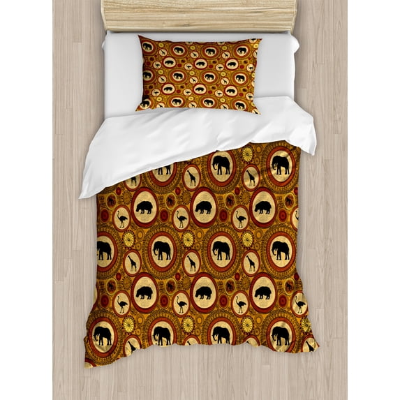 Zambia Duvet Cover Set, Animals Camel Giraffe Ostrich Graphic Print in Warm Colors, Decorative 2 Piece Bedding Set with 1 Pillow Shams, Twin Size, Cinnamon Ginger and Black, by Ambesonne