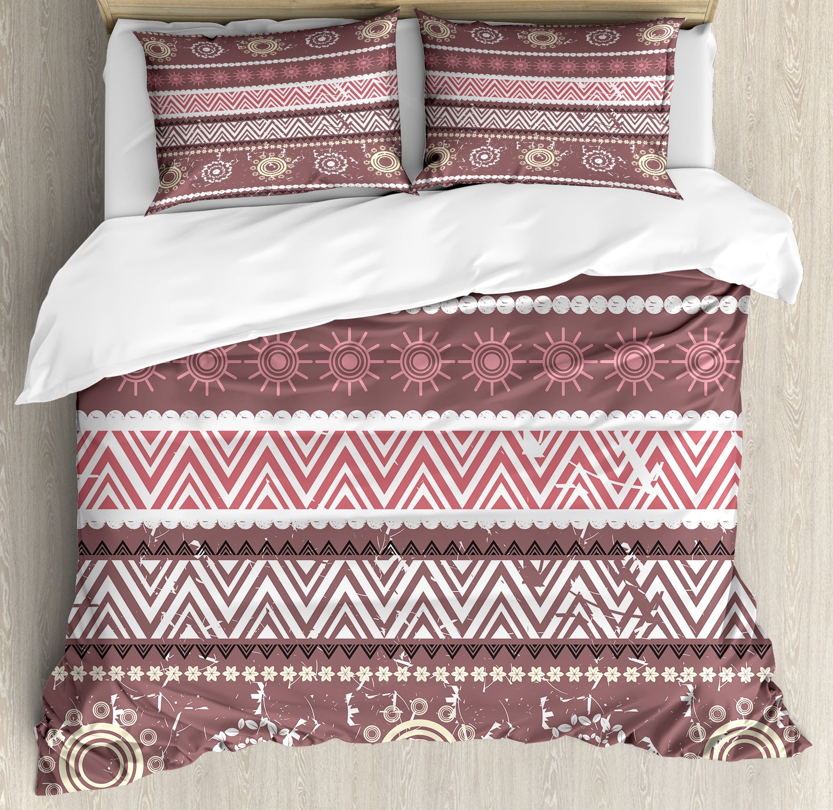 Zambia Duvet Cover Set, Antique Traditional in Earthen Tones with Sun