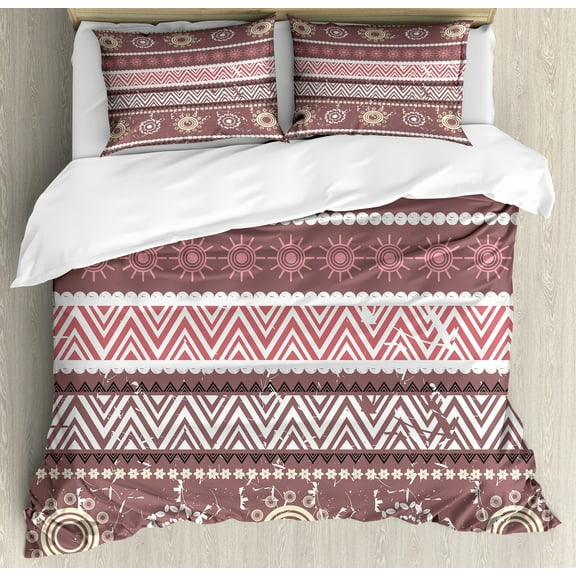 Zambia Duvet Cover Set, Antique Traditional in Earthen Tones with Sun Boho Pattern, Decorative 3 Piece Bedding Set with 2 Pillow Shams, Queen Size, Dried Rose Yellow, by Ambesonne