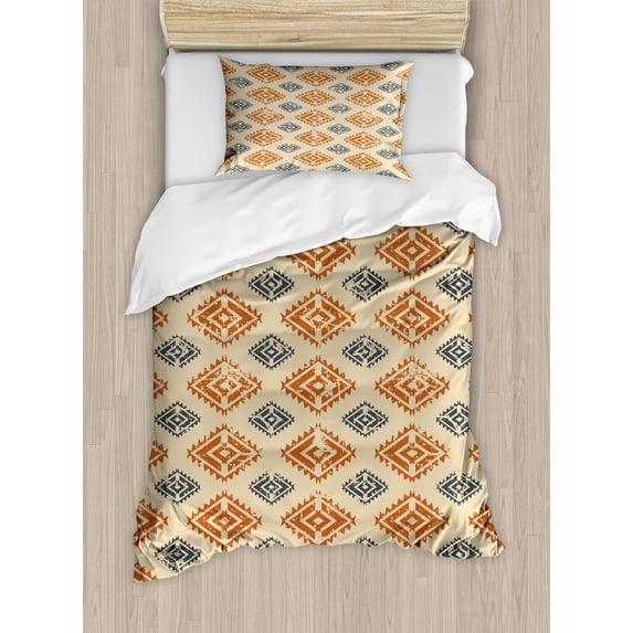 Zambia Duvet Cover Set, Folk Design with Retro Style Effects in Pastel Print, Decorative 2 Piece Bedding Set with 1 Pillow Shams, Twin Size, Sand Orange Dark Blue, by Ambesonne