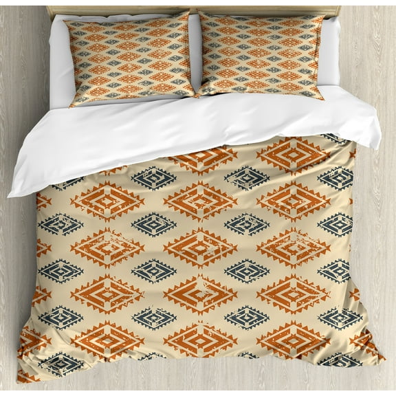 Zambia Duvet Cover Set, Folk Design with Retro Style Effects in Pastel Print, Decorative 3 Piece Bedding Set with 2 Pillow Shams, King Size, Sand Orange Dark Blue, by Ambesonne