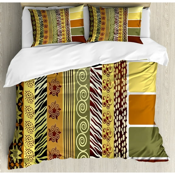 Zambia Duvet Cover Set King Size, Vintage Mixed African Pattern Ancient Earthen Toned Floral Abstract Tribal Image, Decorative 3 Piece Bedding Set with 2 Pillow Shams, Multicolor, by Ambesonne