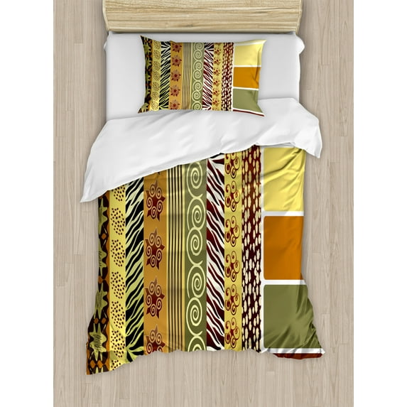 Zambia Duvet Cover Set Twin Size, Vintage Mixed African Pattern Ancient Earthen Toned Floral Abstract Tribal Image, Decorative 2 Piece Bedding Set with 1 Pillow Sham, Multicolor, by Ambesonne