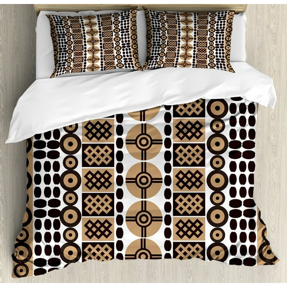 Zambia Duvet Cover Set, Unique Savannah Kenyan Themed Traditional Folk Culture Retro Ornamental Print, Decorative 3 Piece Bedding Set with 2 Pillow Shams, Queen Size, Dark Brown, by Ambesonne