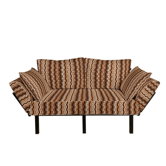 Zambia Futon Couch, Tribal Pattern with Wavy Lines Geometric Triangles Kenyan Art Design, Daybed with Metal Frame Upholstered Sofa for Living Dorm, Loveseat, Pale Brown Cinnamon, by Ambesonne