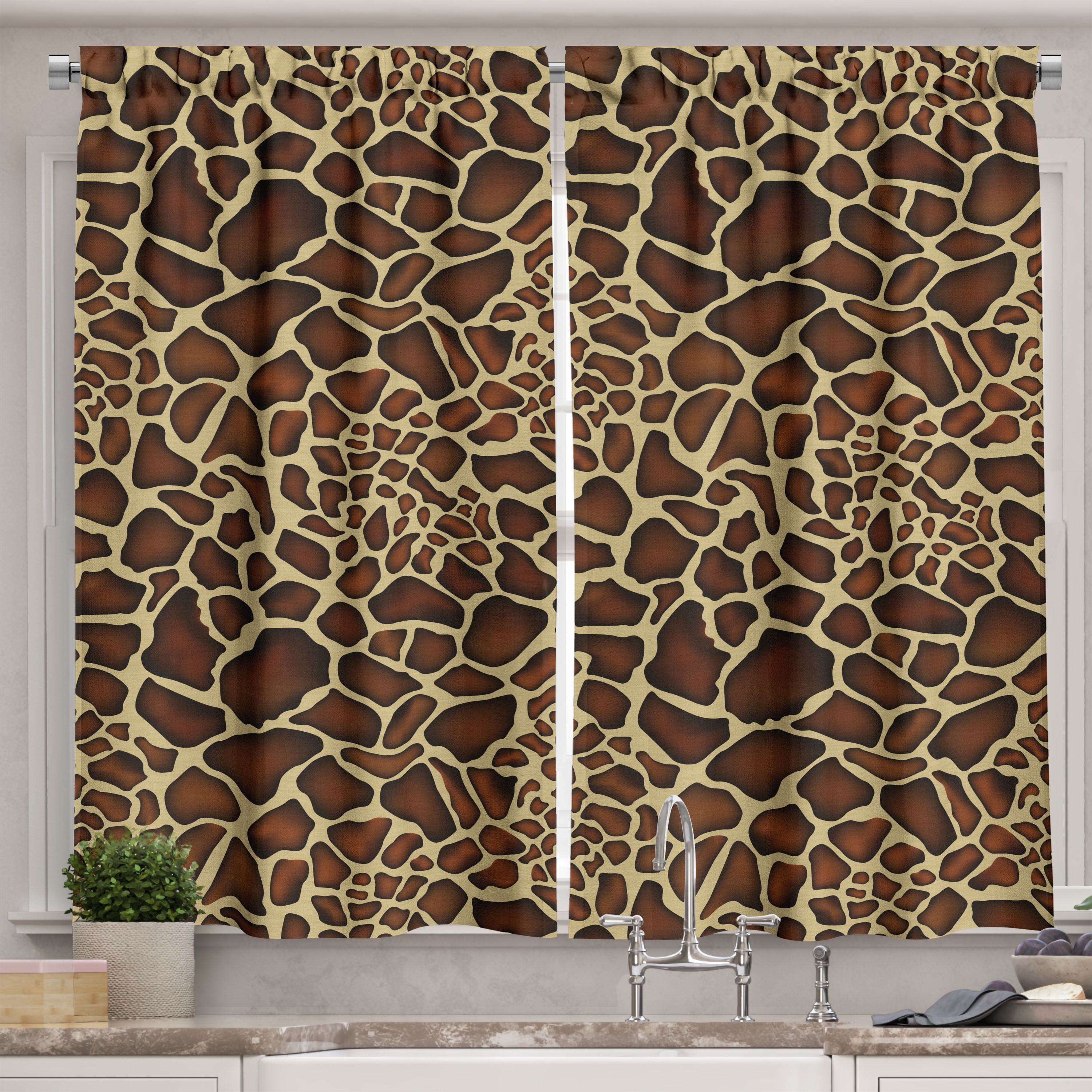 Zambia Kitchen Curtains, Giraffe Skin Pattern Wildlife Symbolic Zoo