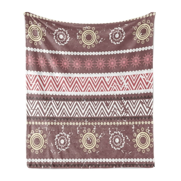 Zambia Soft Flannel Fleece Throw Blanket, Antique Traditional in Earthen Tones with Sun Boho Pattern, Cozy Plush for Indoor and Outdoor Use, 50" x 70", Dried Rose Yellow, by Ambesonne