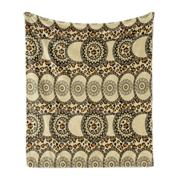 Zambia Soft Flannel Fleece Throw Blanket, Folk Safari with Nature and Animal Effects Jungle Boho Design, Cozy Plush for Indoor and Outdoor Use, 70" x 90", Dark Brown Cream Orange, by Ambesonne