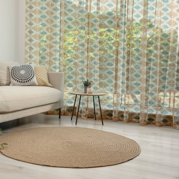 Zambia Tulle Curtains with Rod Pocket, Folk Design with Retro Style Effects in Pastel Print, Sheer Drape for Wedding Party 2 Panels, 7 Sizes, Sand Orange Dark Blue, by Ambesonne