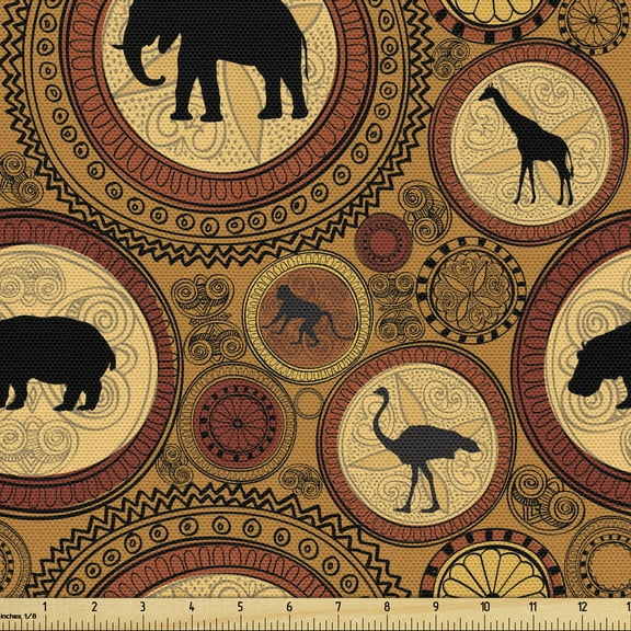Zambia Upholstery Fabric by the Yard, Animals Camel Giraffe Ostrich Graphic Print in Warm Colors, Decorative Fabric for DIY and Home Accents, 3 Yards, Cinnamon Ginger and Black by Ambesonne