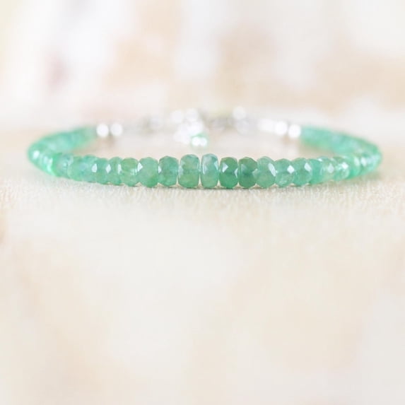 Zambian Emerald 3-3.5mm Rondelle Shape Faceted Cut Beads 7 inch Silver Plated Clasp Bracelet for men, women, unisex. Link Chain Stacking Bracelet.|LINK_06710