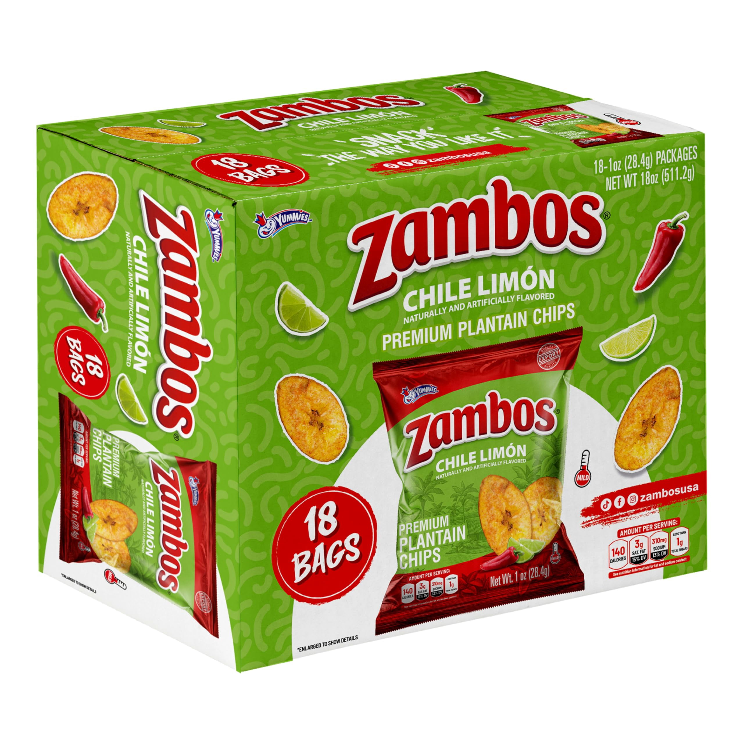 Zambos Chile Lim&oacute;n Plantain Chips, Crunchy Snack, Gluten Free, 1 oz