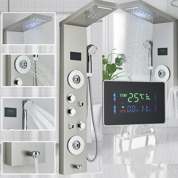 Zamery LED Waterfall Shower Panel LED Shower Head Full Body Shower Head Hand Jets Bathtub Faucet Shower Tower System Stainless Steel, Brushed Nickel