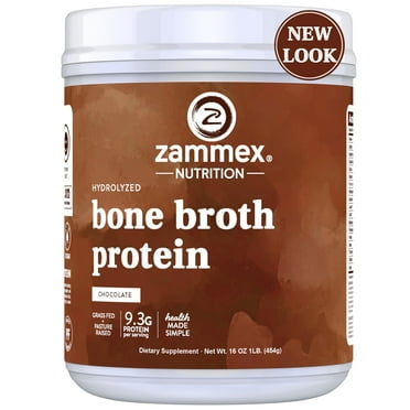 Zammex Bone Broth Powder Chocolate Flavor 1 lb, Grass Fed Beef Bone Broth Protein Powder with Hydrolyzed Collagen Peptides, 41 Servings