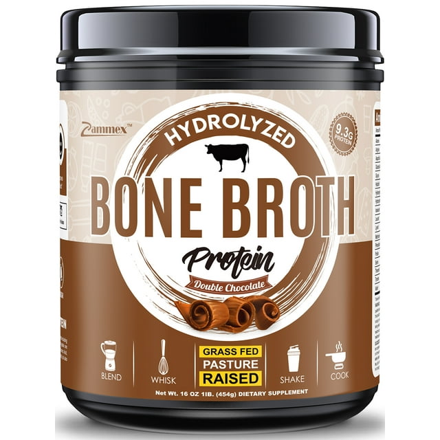 Zammex Bone Broth Protein Powder Chocolate Flavor 1lb, Grass Fed Beef