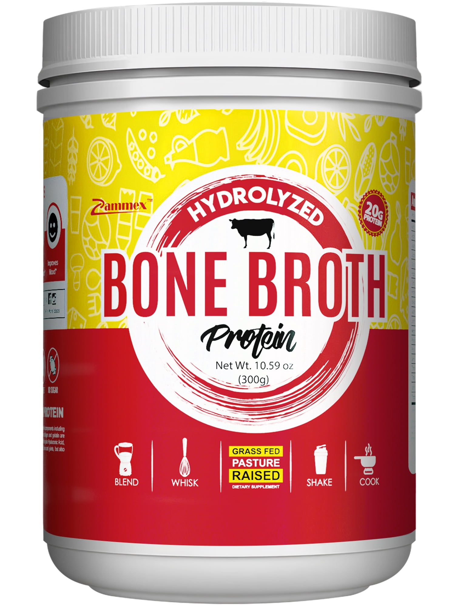 Zammex Bone Broth Protein Powder Grass Fed Beef 10.59oz, Natural Flavor