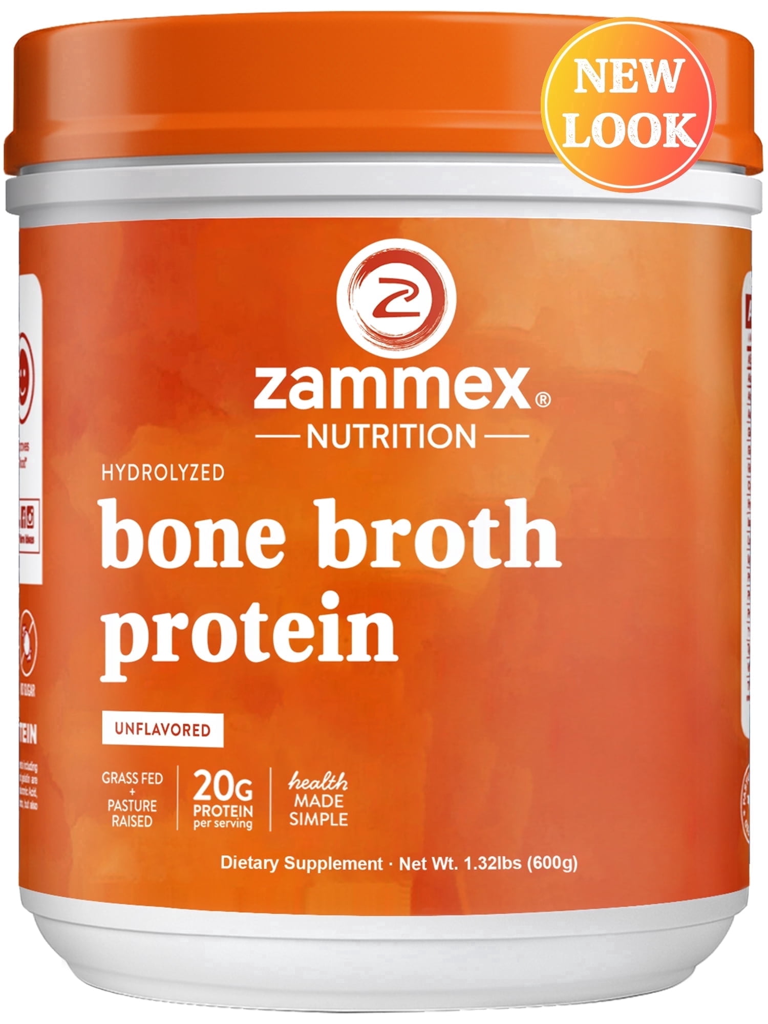 Zammex Grass Fed Beef Bone Broth Powder Protein Supplement, Hydrolyzed Collagen Peptides I & III for Skin & Joint Health, Keto Paleo, 1.32lb, Natural Flavor