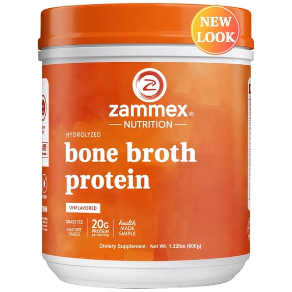 Zammex Grass Fed Beef Bone Broth Powder Protein Supplement, Hydrolyzed Collagen Peptides I & III for Skin & Joint Health, Keto Paleo, 1.32lb, Natural Flavor