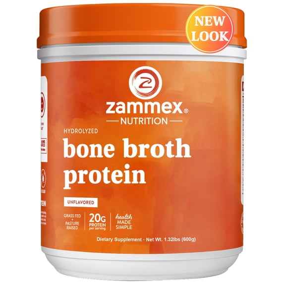 Zammex Bone Broth Protein Powder Grass Fed Beef, Natural Flavor, 1.32 lb, 20g Protein Hydrolyzed Collagen Peptides Type I & III,Dietary Supplement,Non-GMO,Gluten Free,Paleo & Keto Friendly