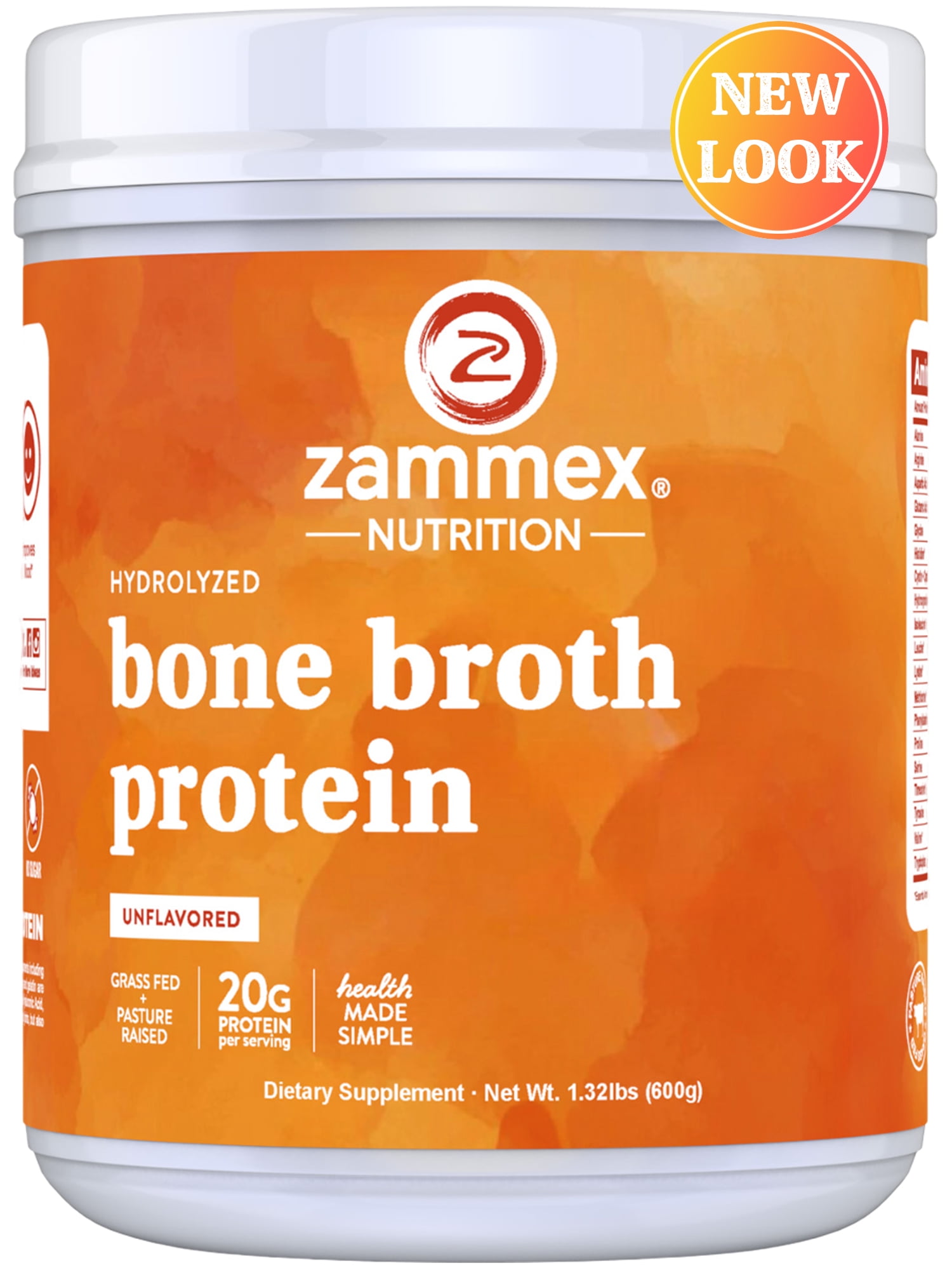 Zammex Bone Broth Protein Powder Grass Fed Beef, Natural Flavor, 1.32 lb, 20g Protein Hydrolyzed Collagen Peptides Type I & III,Dietary Supplement,Non-GMO,Gluten Free,Paleo & Keto Friendly