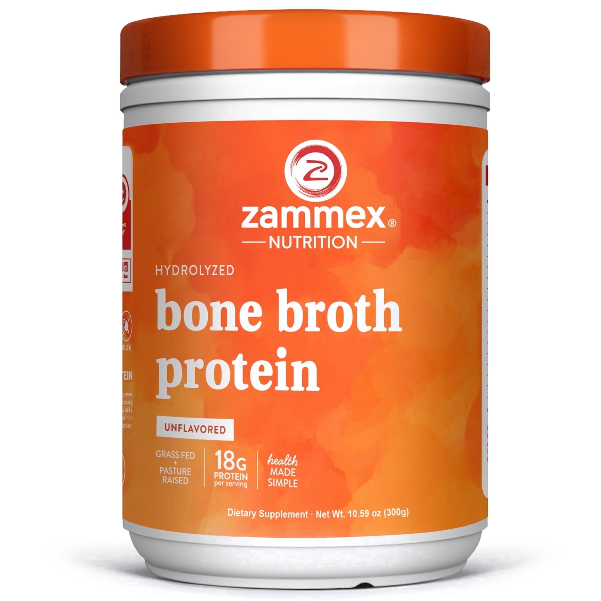 Zammex Bone Broth Protein Powder Grass Fed Beef, Natural Flavor, 10.59 oz, 18g Protein Hydrolyzed Collagen Peptides Type I & III,Dietary Supplement,Non-GMO,Glut