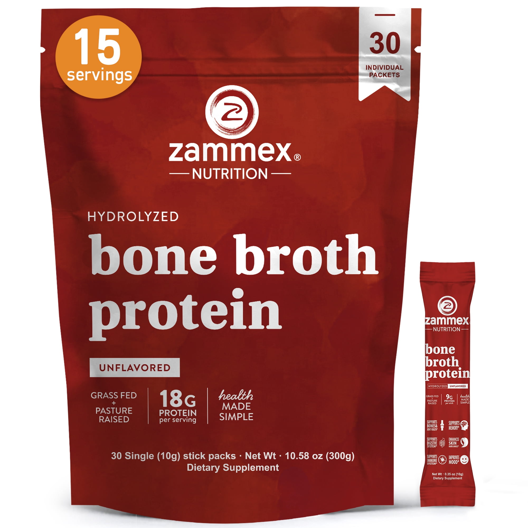 Zammex Bone Broth Protein Powder Travel Packets, Natural Flavor Grass Fed Beef Bone Broth, Hydrolyzed  collagen Type I & III, 30 packs