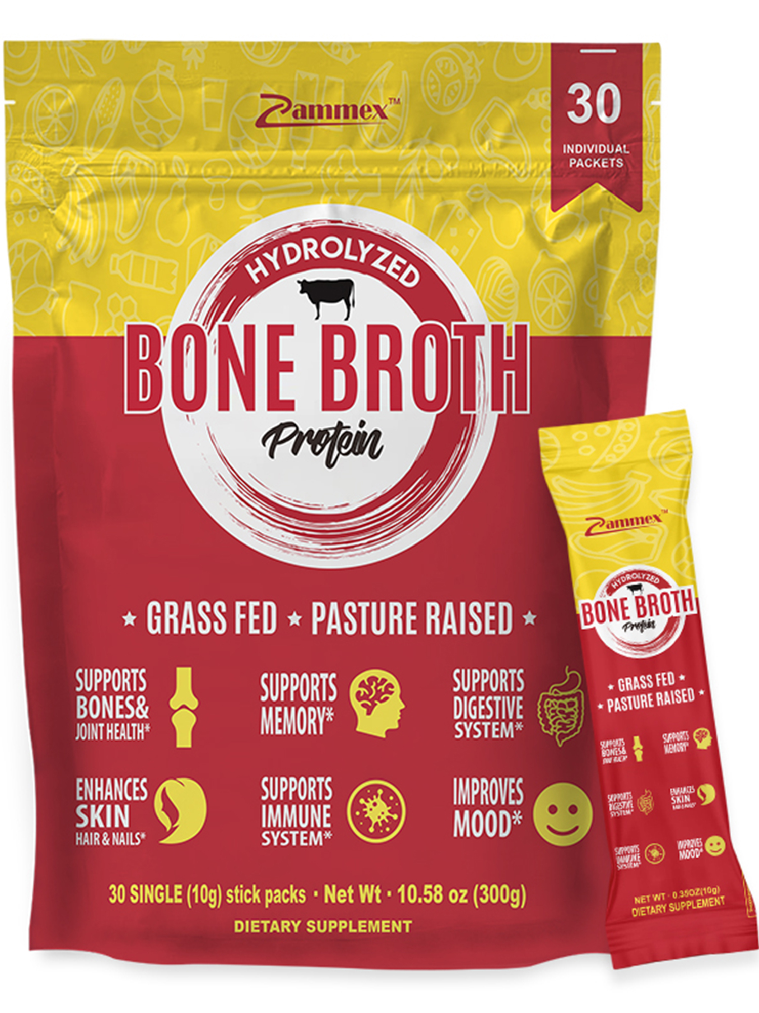 Zammex Bone Broth Protein Powder Travel Packets Pack of 30,10g Sticks