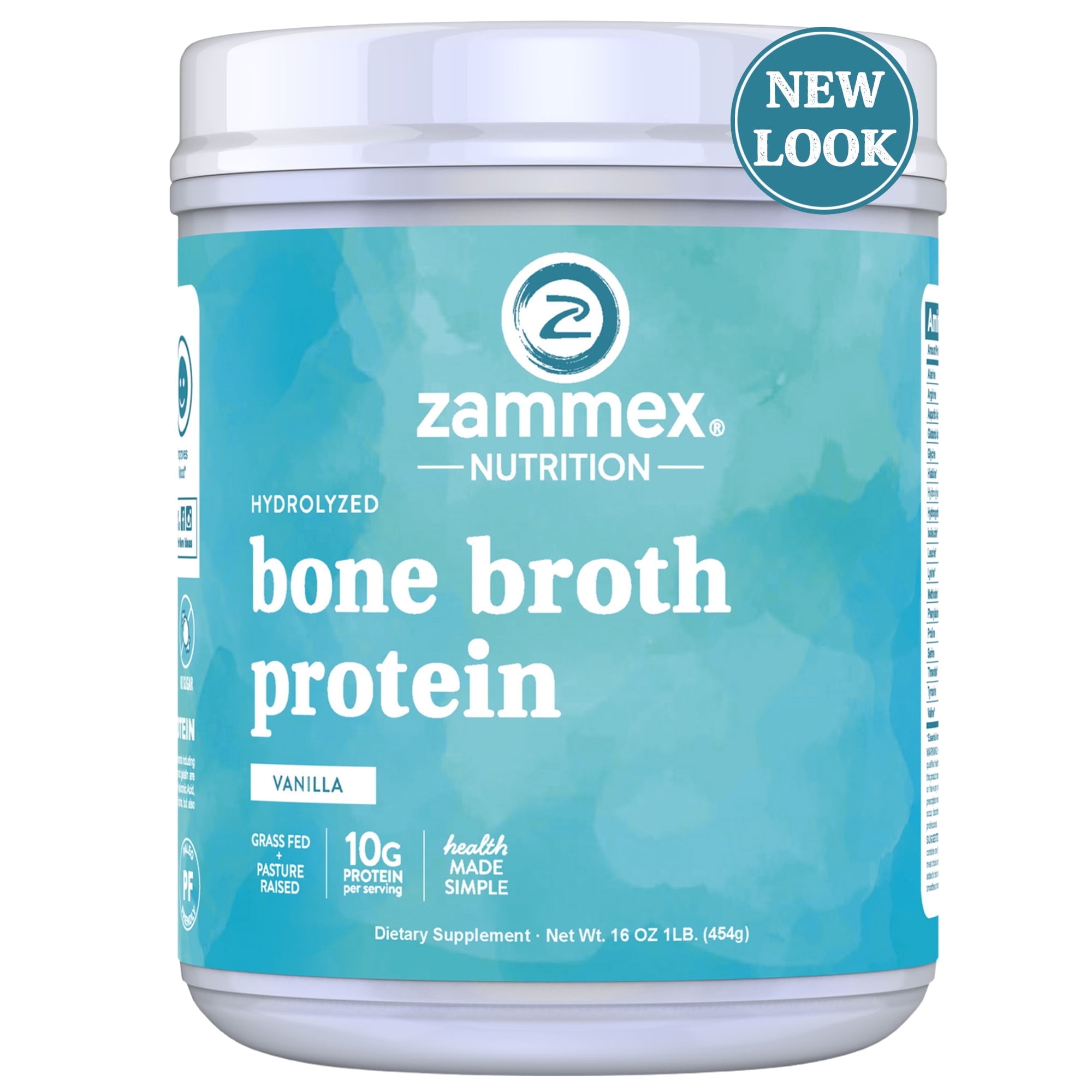Zammex Bone Broth Protein Powder Vanilla 1 lb, Grass Fed Beef Bone Broth Powder With Collagen Peptides Type I & III, Keto Protein Powder, 41 Servings
