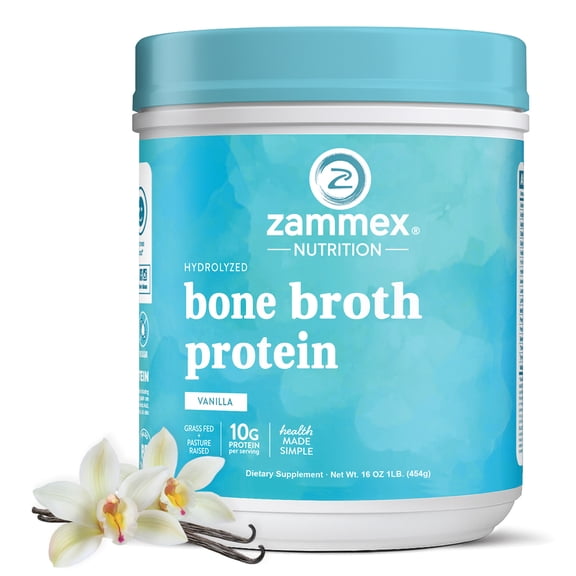 Zammex Bone Broth Protein Powder Vanilla 1 lb, Grass Fed Beef Bone Broth Powder With Collagen, Keto Protein Powder, 41 Servings