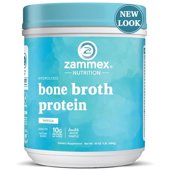 Zammex Bone Broth Protein Powder Vanilla 1 lb, Grass Fed Beef Bone Broth Powder With Collagen Peptides Type I & III, Keto Protein Powder, 41 Servings