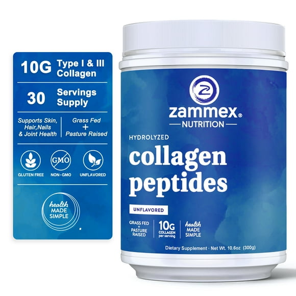 Zammex Collagen Peptides Powder, Hydrolyzed Beauty Collagen For Women, Pure Grass-Fed Unflavored Collagen Powder, 10.6oz