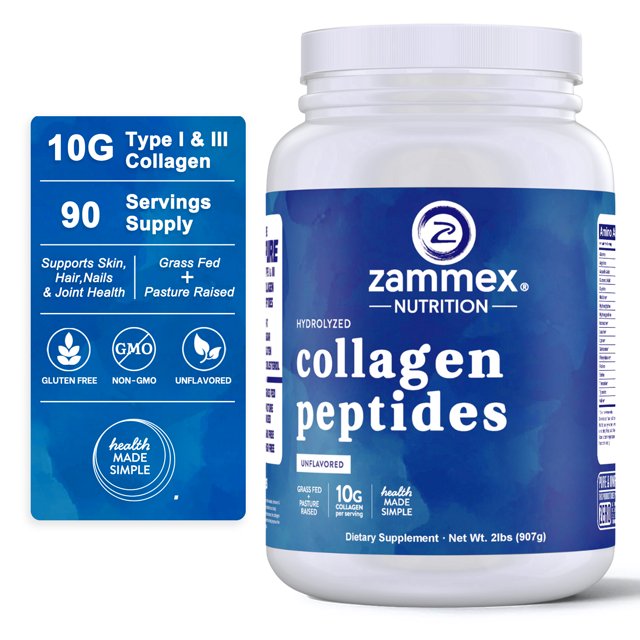 Zammex Collagen Peptides Powder, Unflavored Hydrolyzed Collagen Protein Powder,Grass-Fed Beauty Collagen Powder, Paleo & Keto, Non-GMO, 90 Servings 2 lb
