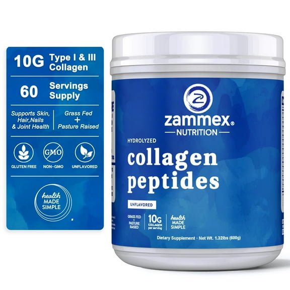 Zammex Collagen Peptides Powder, Unflavored Hydrolyzed Collagen Protein Powder,Grass-Fed, Paleo & Keto, Non-GMO, 1.32 lb