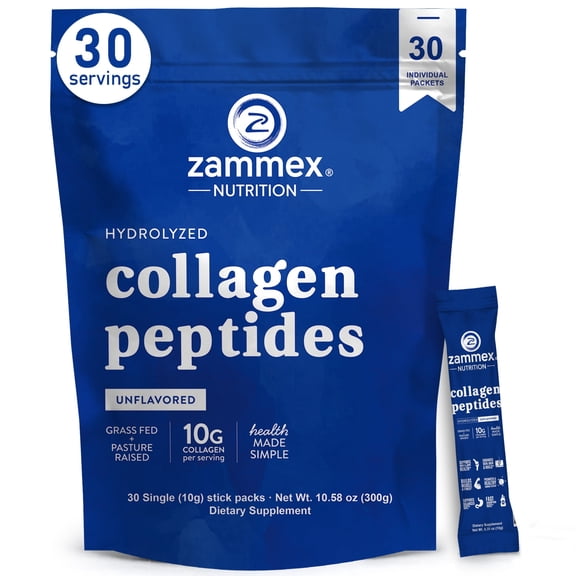 Zammex Grass Fed Bovin Collagen Peptides Powder Travel Packets, Unflavored Hydrolyzed Collagen Peptide Powder Packet, 30 pcs