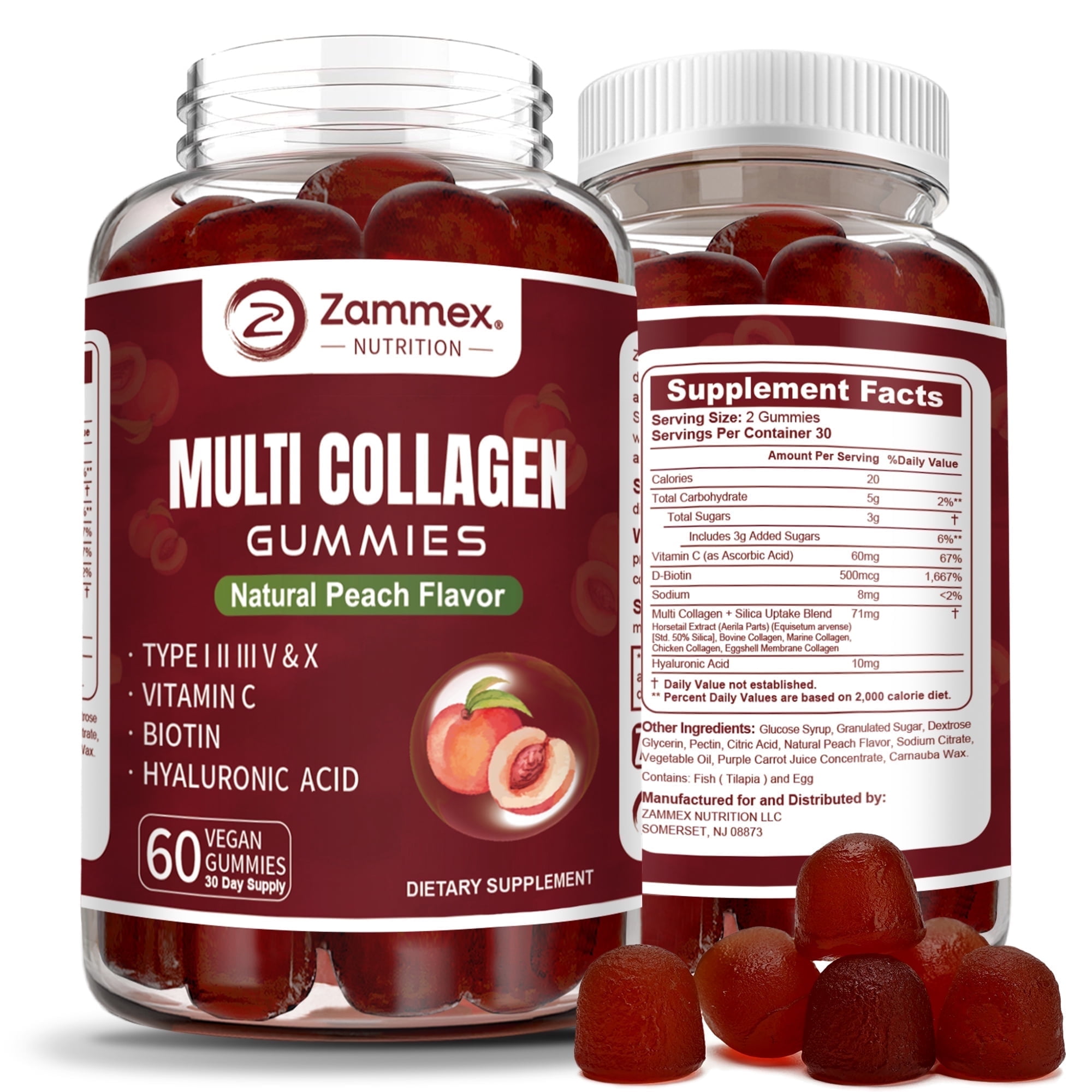 Zammex Multi Collagen Peptides Gummies,Collagen Gummy, Type 1,2,3,5 &10 Supplements for Women & Men with Biotin Vitamin C, Peach Flavor, 30servings