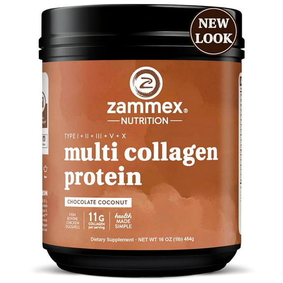 Zammex Multi Collagen Peptides Powder 16oz, Hydrolyzed Collagen Protein Powder Collagen Types I,II,III,V,X, Chocolate &Coconut Flavor, 41 Servings