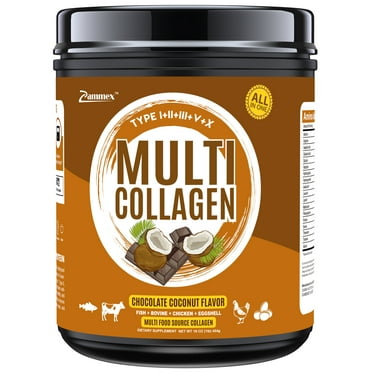 Zammex Multi Collagen Peptides Powder 16oz, Hydrolyzed Collagen Protein Powder Collagen Types I,II,III,V,X, Chocolate &Coconut Flavor, 41 Servings