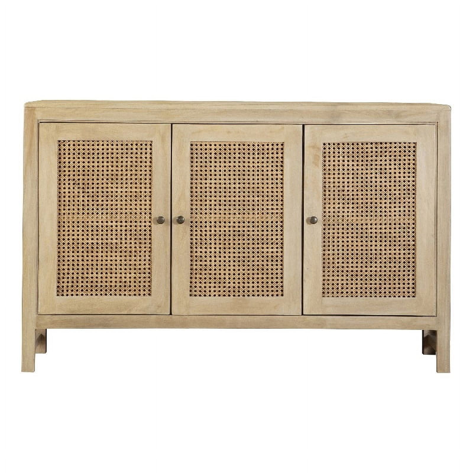 Natural Mango Wood and Cane 3-Door Accent Cabinet with Adjustable Shelving