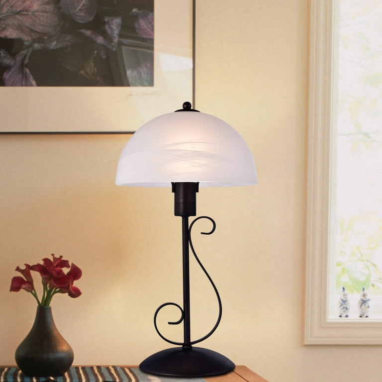 Bronze table lamp with outlet glass shade