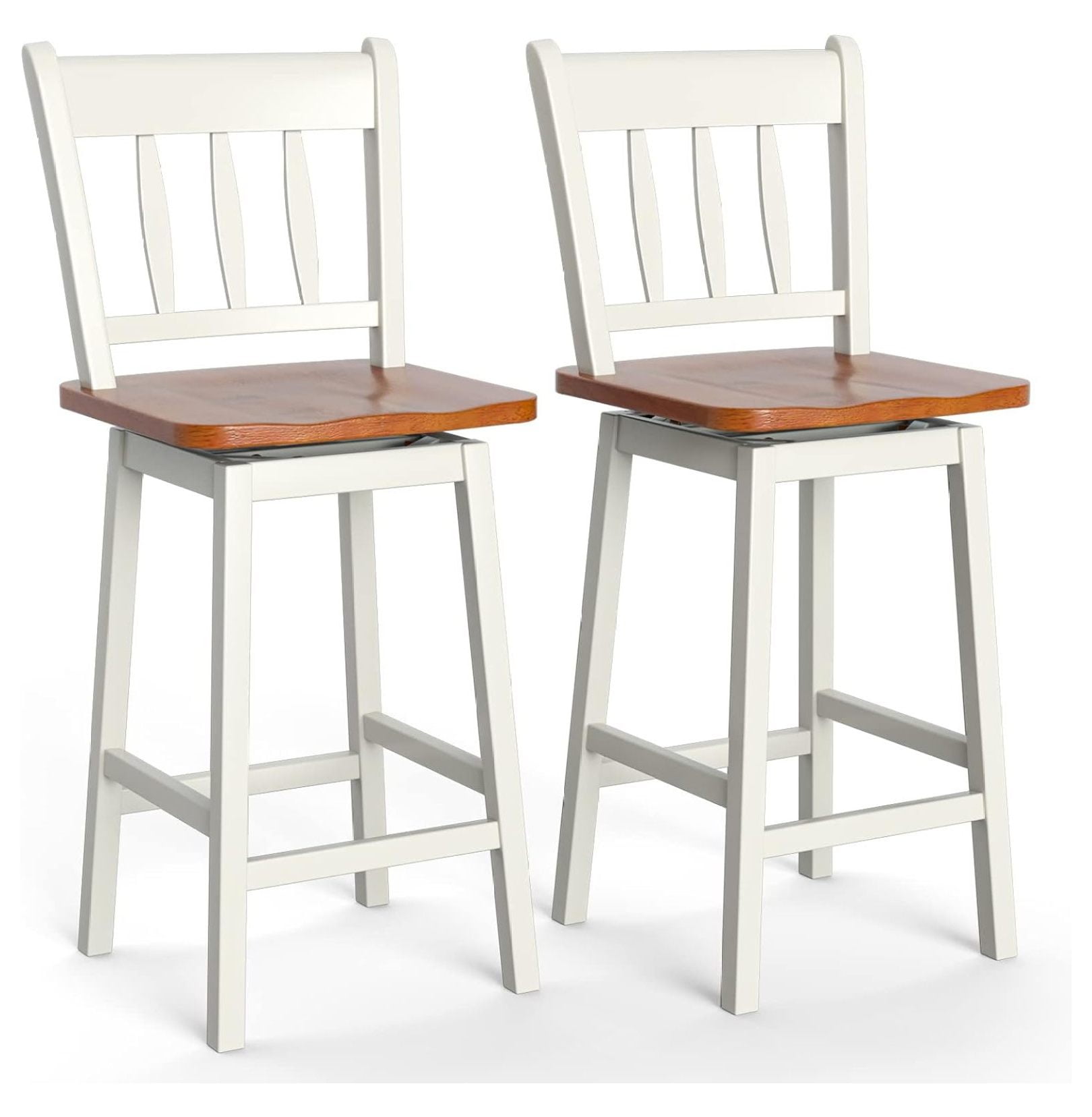 White and Wood Swivel Bar Stools with Metal Frame, Set of 2