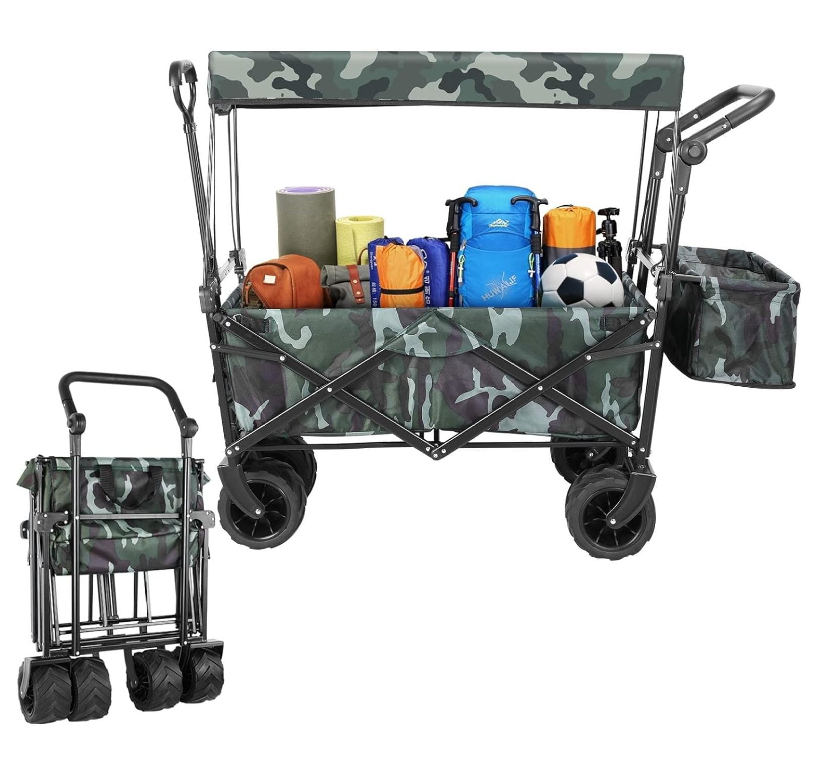 ZanQee Collapsible Garden Cart w/Removable Canopy, Extra Large Folding Utility Wagon Carts w/7