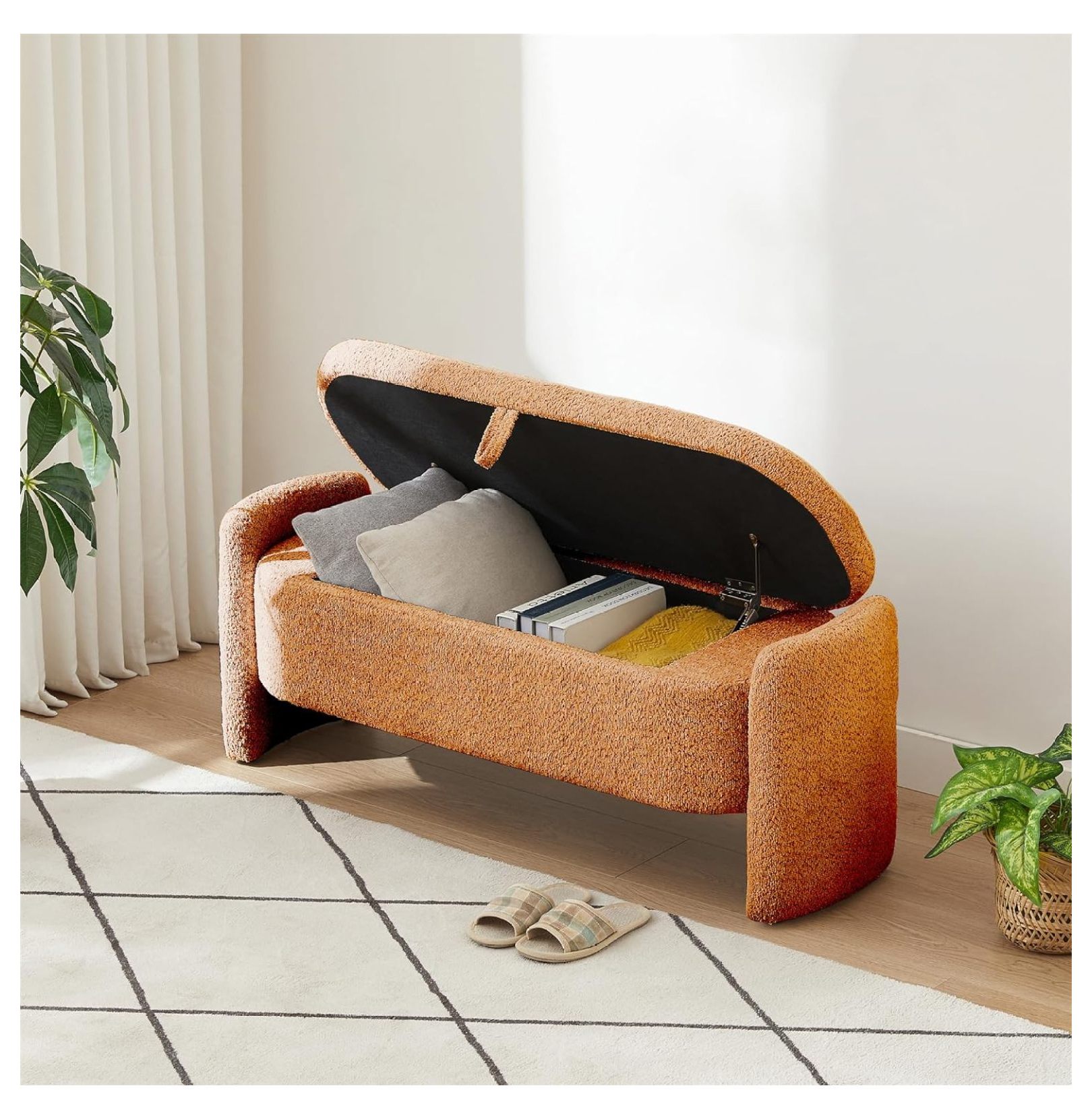 Dark Green Boucle Storage Bench, Oval End of Bed Ottoman with Safety Hinge for Bedroom