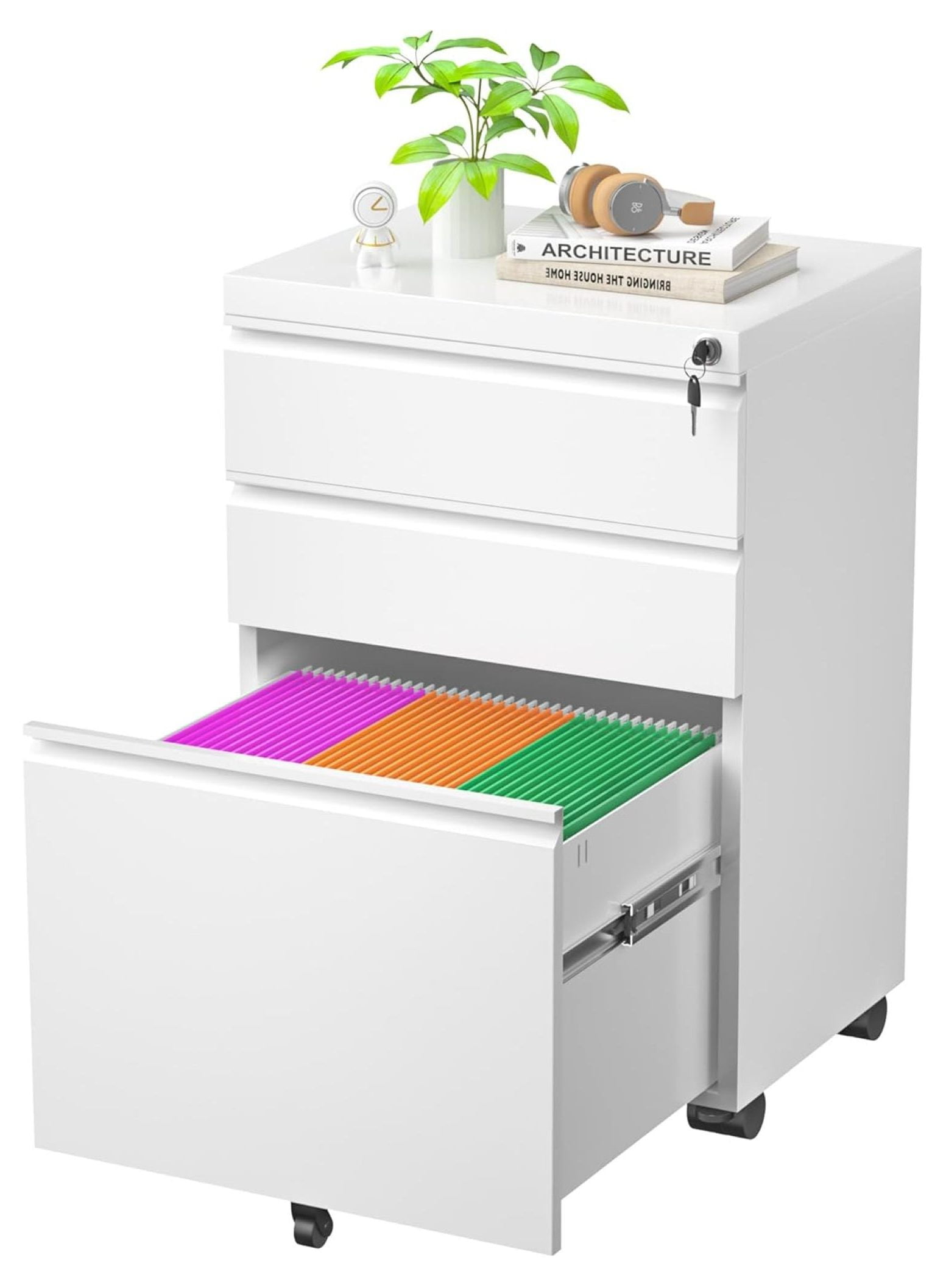 ZanQee White 3 Drawer File with Wheels, Locking Mobile Filing