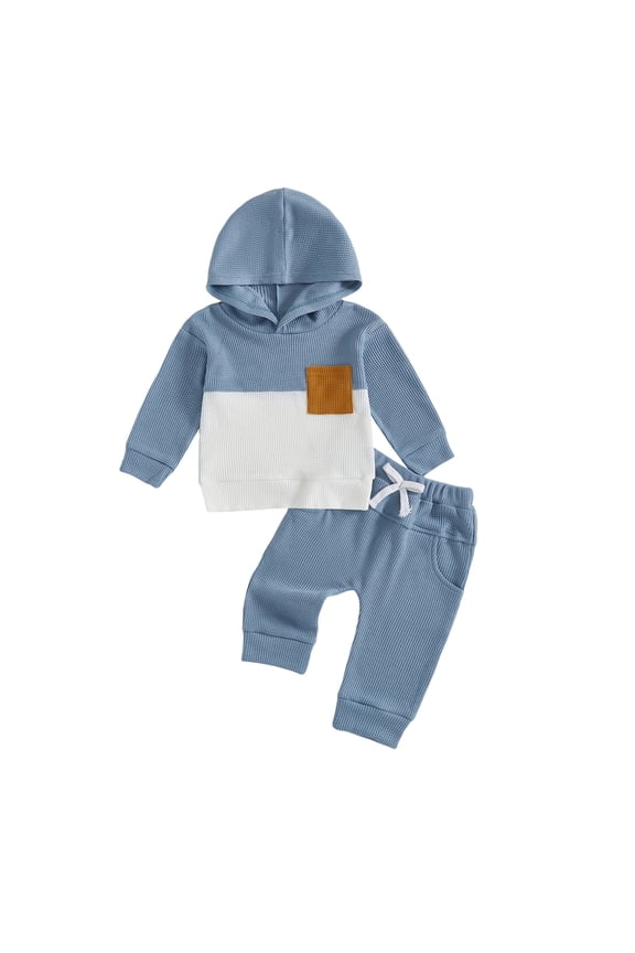 Baby Boy Clothes Fall Boys Breathable Contrast Color Long Sleeve Simple Hooded Top Pants Casual Two Piece Set Blue,0-6 Months