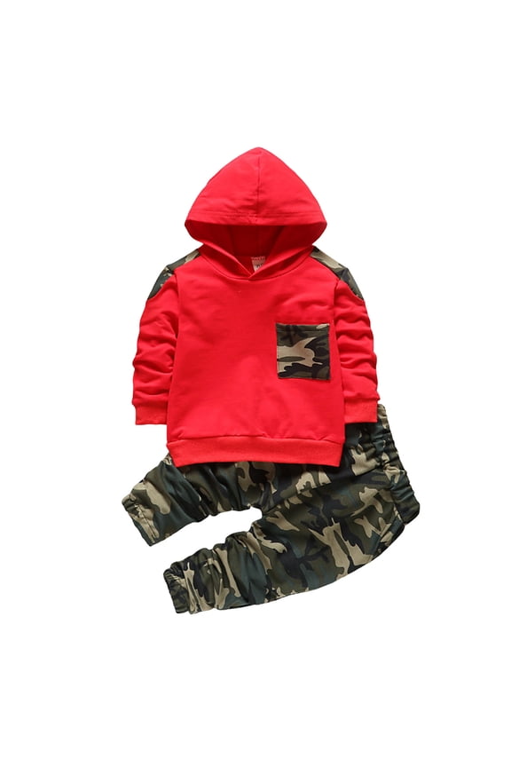 Baby Boy Outfits Boys Simple Long Sleeve Hoodie Camo Pants Fashion Casual Two Piece Set Red,6-12 Months